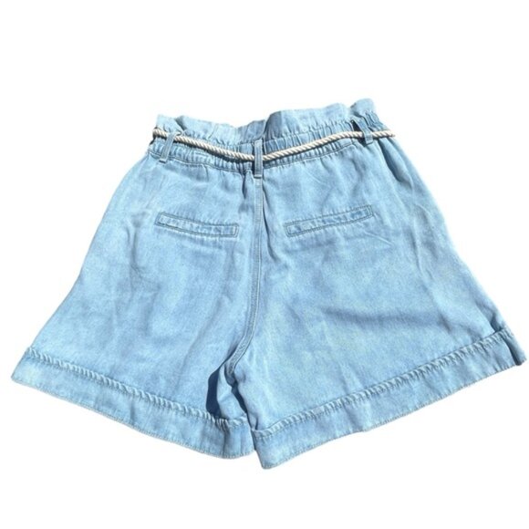 Blue Chambray High Waist Paper Bag Shorts Rope Belt Coastal Nautical Western - Picture 3 of 11